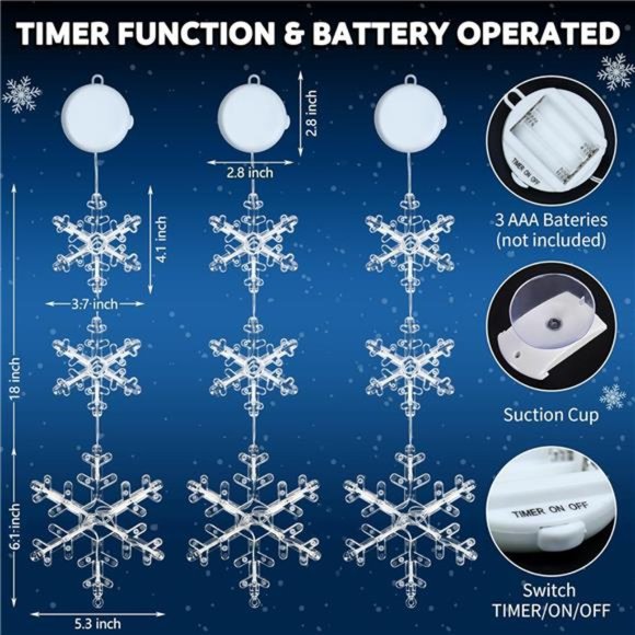 3 Pack Snowflake Christmas Window Lights with Suction Cup, Battery Operated - Picture 2 of 7